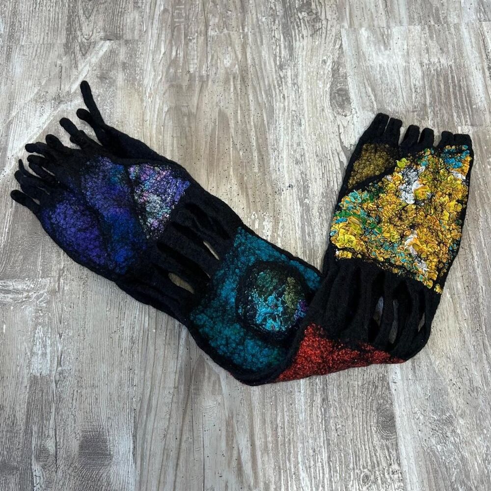 Handmade boho, avant-garde artisan felted scarf with patchwork design and fringe